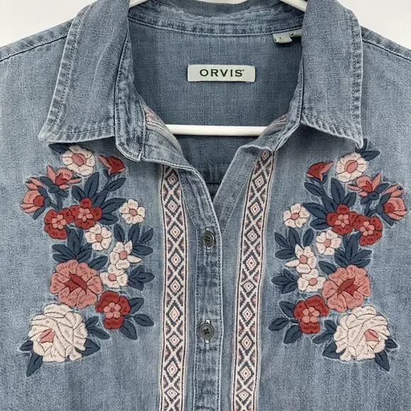 Orvis Shirt Womens Large Blue Denim Floral Embroidered Button Down Long Sleeve - Picture 3 of 12